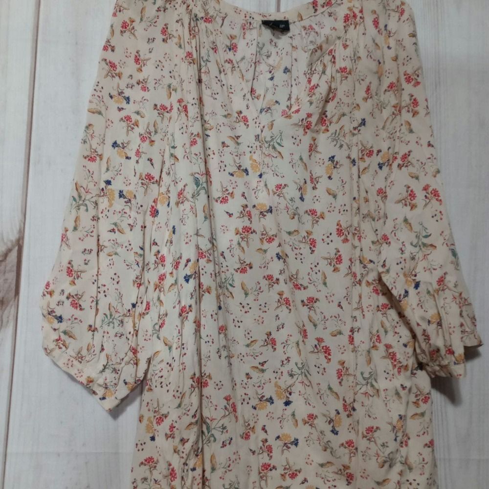 Jones & Co Jones New York Floral Blouse Cream Red 2X Rayon Split Neck 3/4 Sleeve
